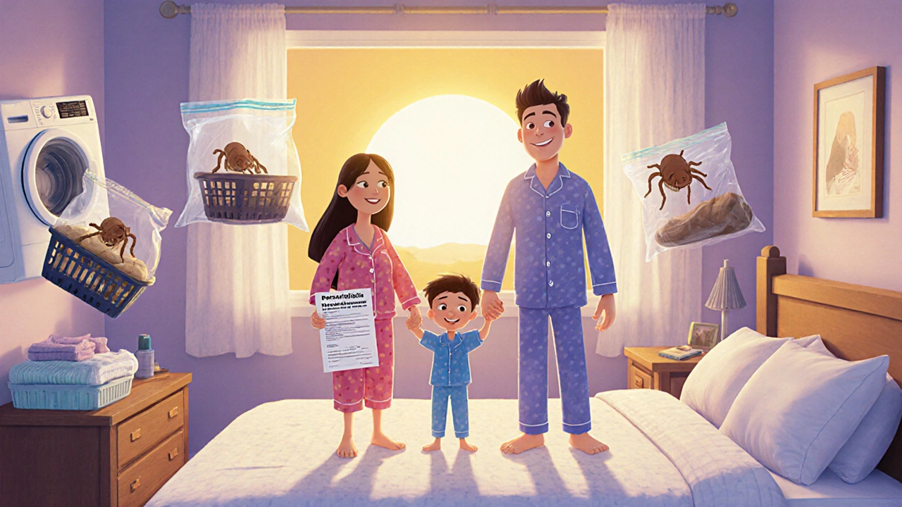 A happy family in pajamas surrounded by clean laundry and sealed bags, sunrise lighting, showing relief after scabies treatment.