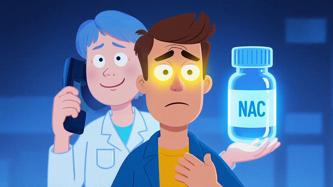 Adult noticing jaundice and abdominal pain, with a medical helper offering a blue rescue capsule.