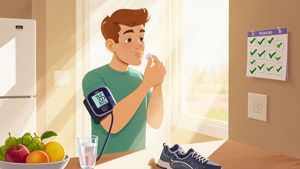 Adult takes medication, checks blood pressure, and enjoys a healthy morning routine.