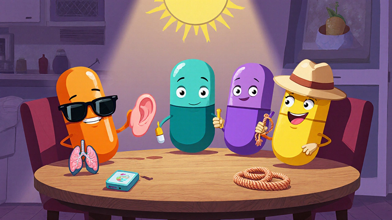 Animated antibiotic pills as friendly characters gathered around a table.