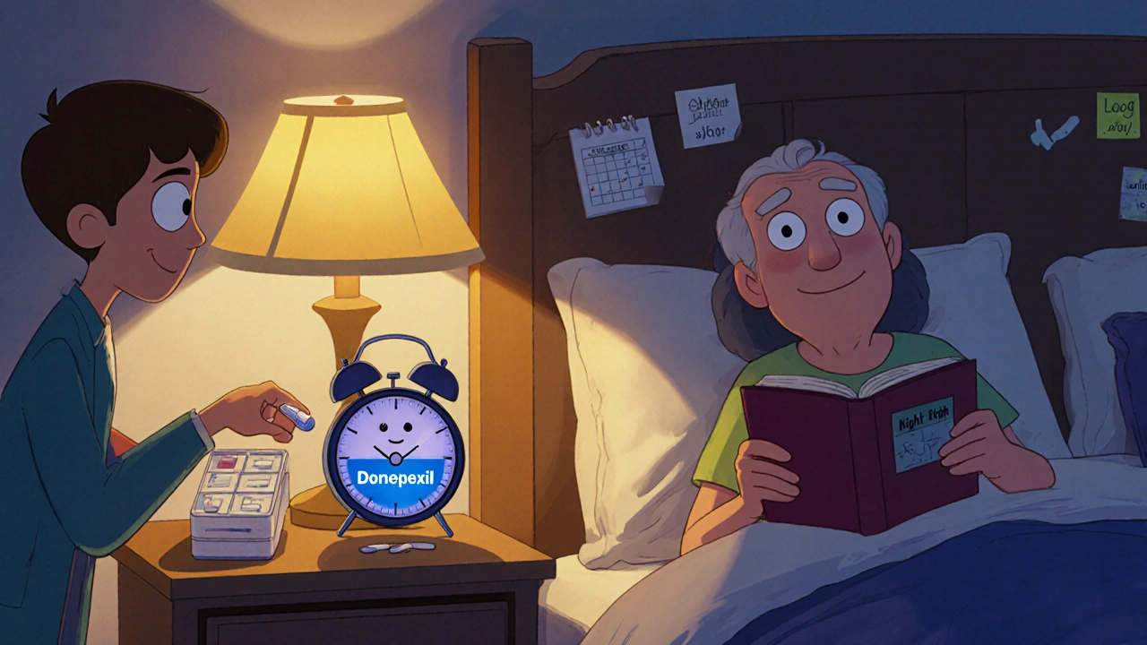Bedroom scene showing alarm clock, pill organizer, and bedtime routine.