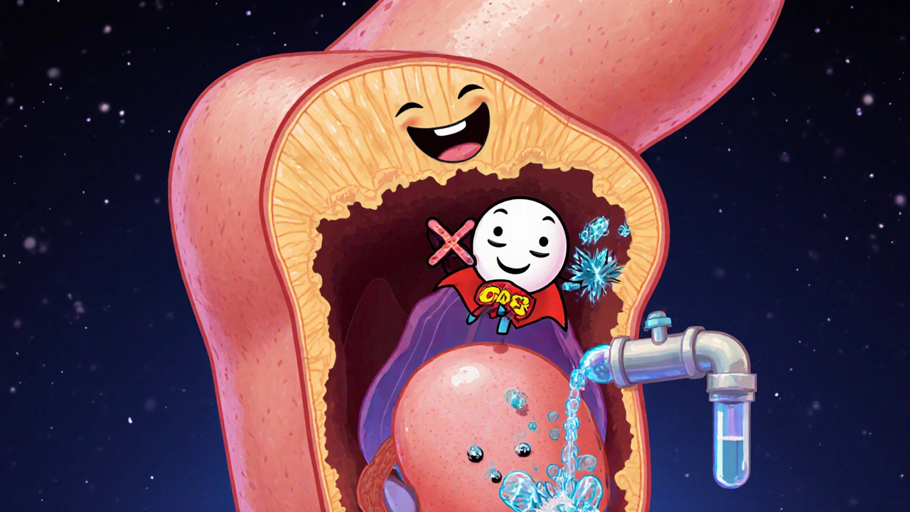 Cartoon artery relaxes while a kidney flushes out salt and water droplets.