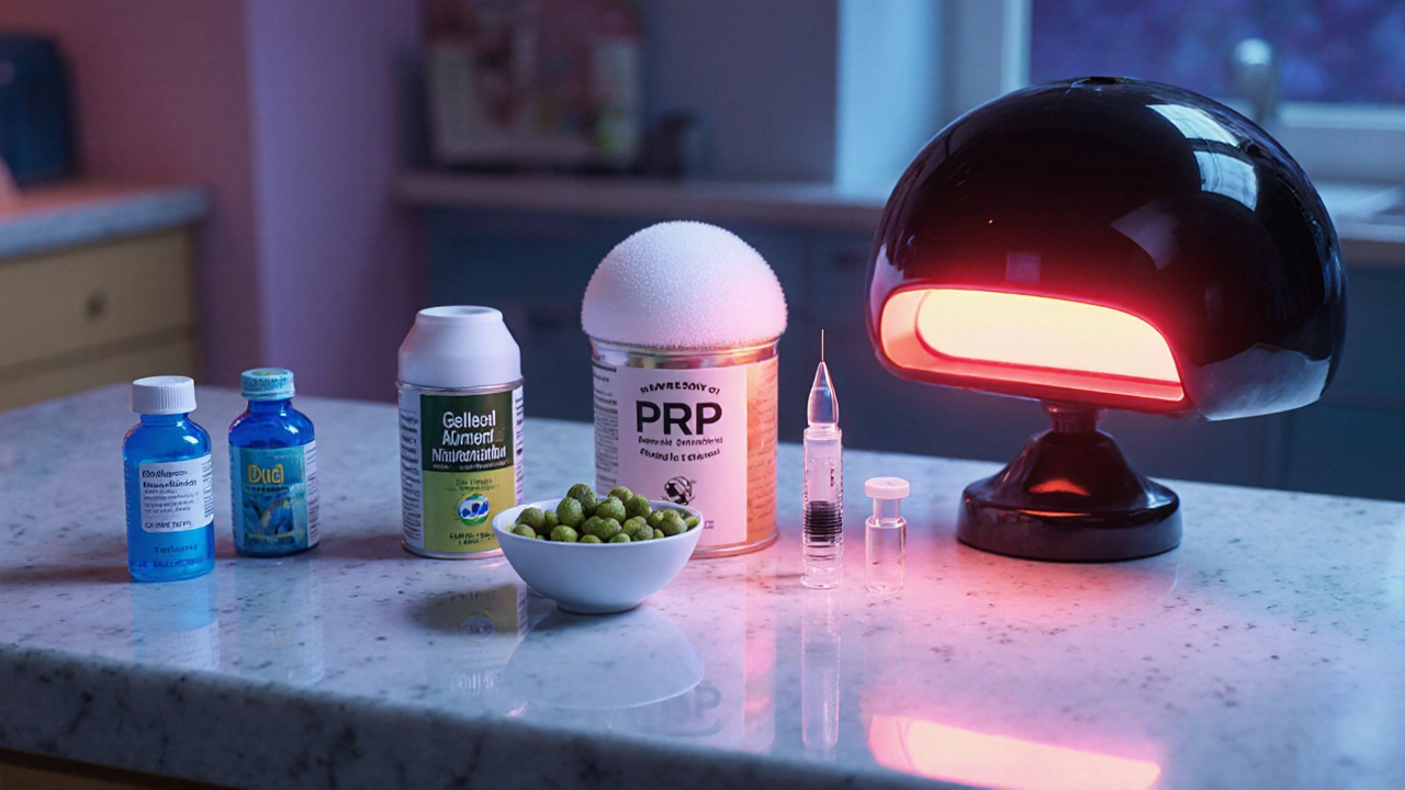 Colorful arrangement of various hair‑loss treatments on a counter.