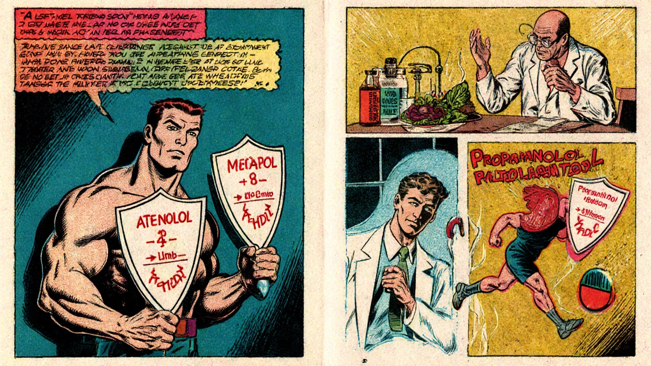 Comic spread comparing lipid effects of Atenolol, Metoprolol, and Propranolol with lifestyle icons.