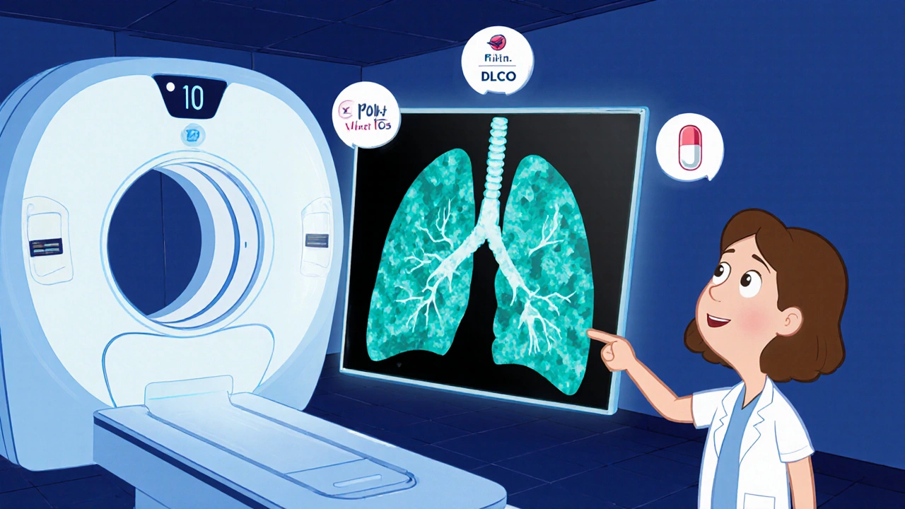 CT scanner displaying lung ground‑glass opacities and PFT results in cartoon style.