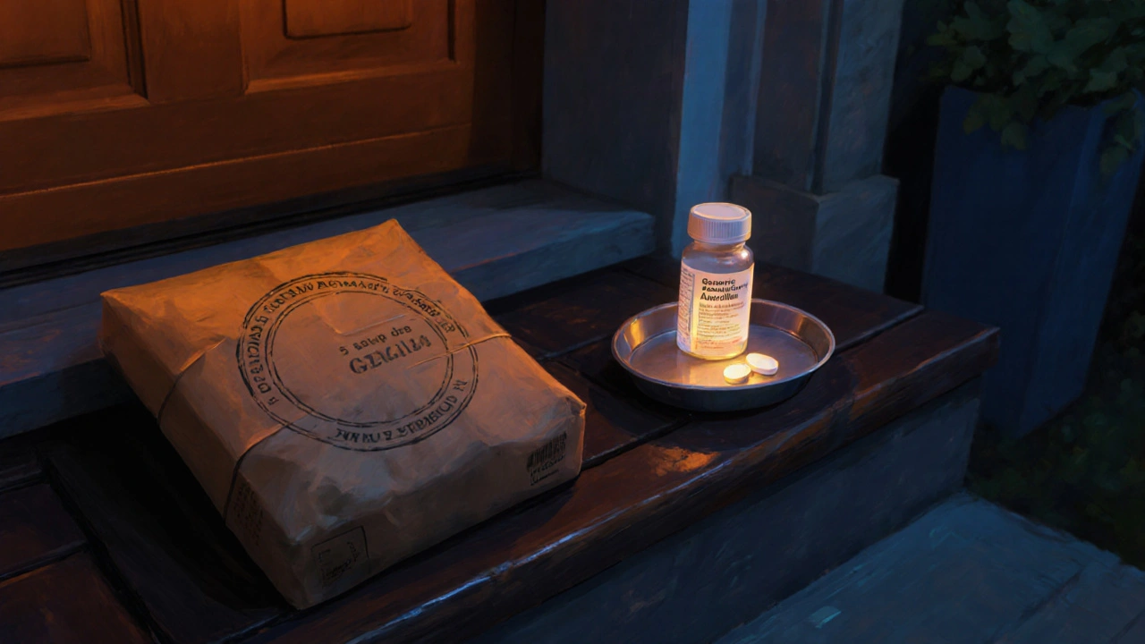 Delivery box with amoxicillin tablets on a doorstep at dusk.