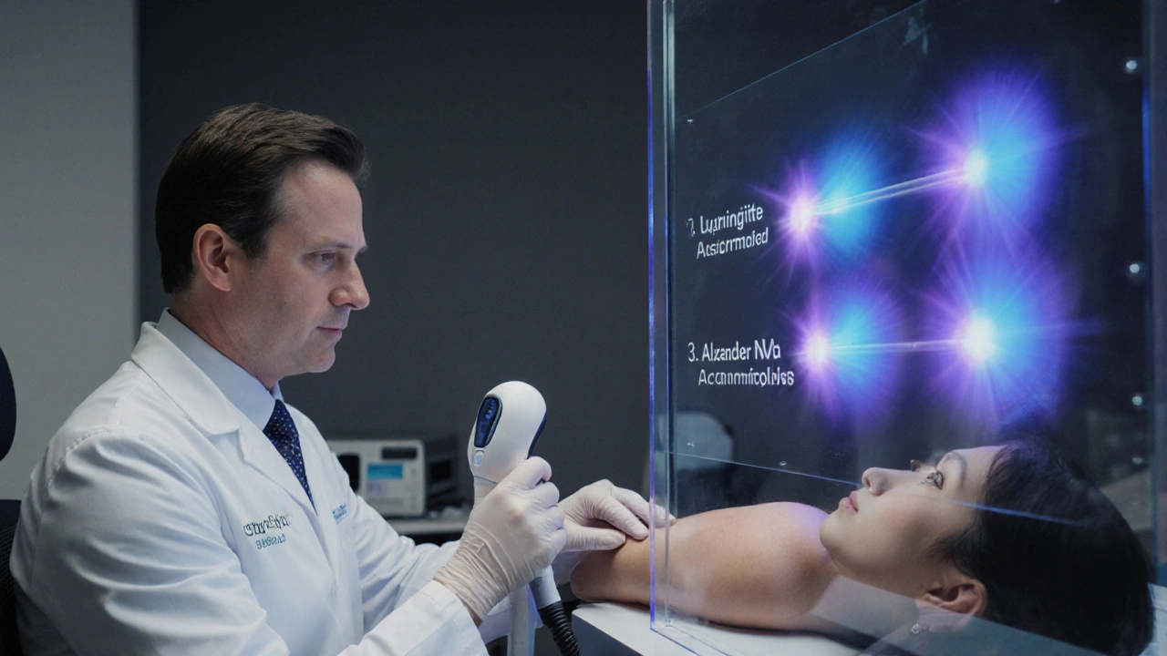 Dermatology clinic scene with a doctor using a laser on a patient’s underarm.