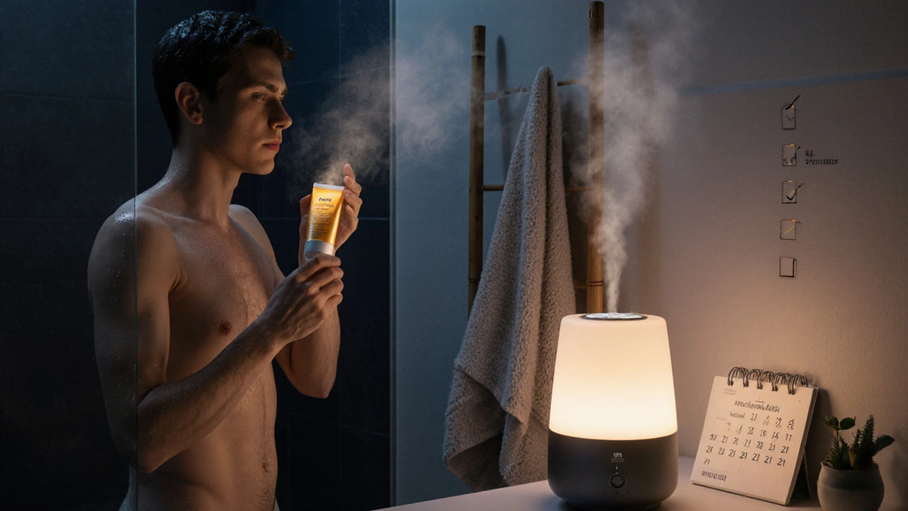 Digital scene of moisturizing, humidifier mist, and daily skin‑care routine.