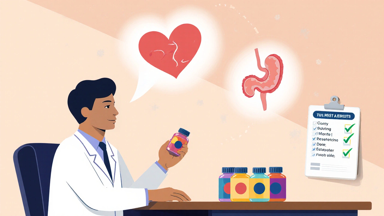 Doctor consulting a patient with heart, stomach, and kidney icons guiding medication choice.