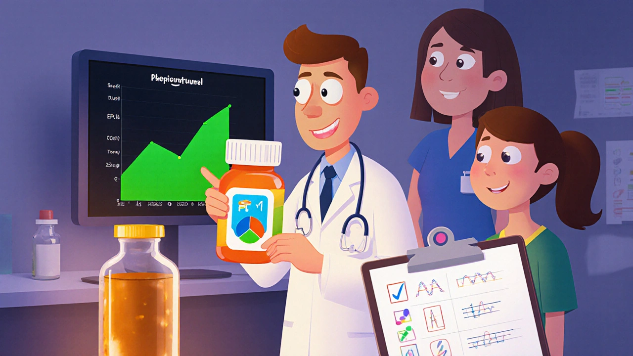 Doctor explains itraconazole pills and liquid to teen with CF, showing rising lung function graph.