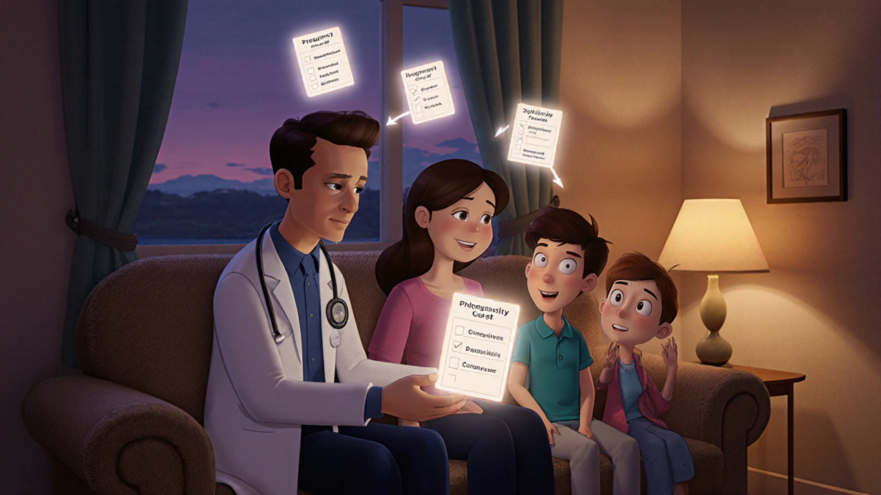 Doctor presents a glowing checklist to a family in a cozy living room.