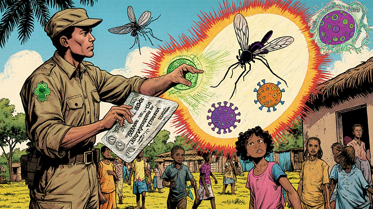 Field clinic scene with health worker, Primaquine pill, and Aedes mosquito confronting virus icons.