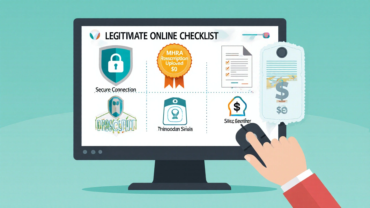 Flat illustration of a pharmacy legitimacy checklist with icons.