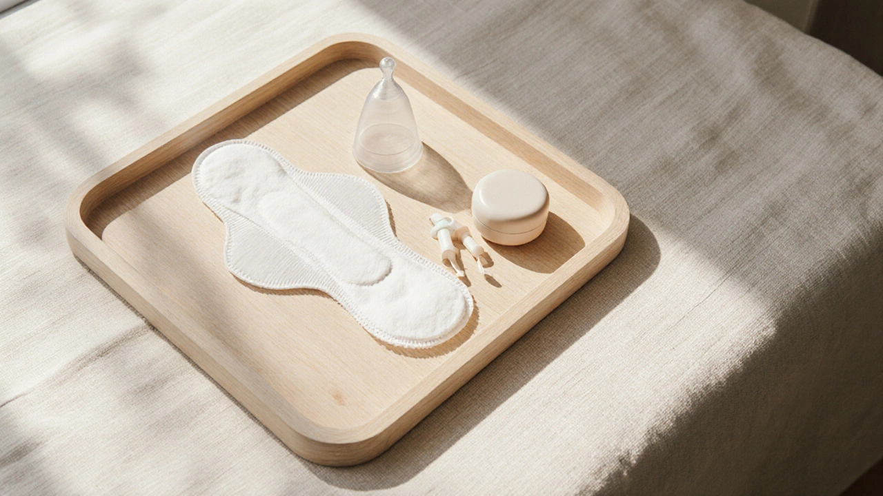 Flat‑lay of pantyliner, disposable pad, menstrual cup, and tampon on a wooden tray with natural lighting.