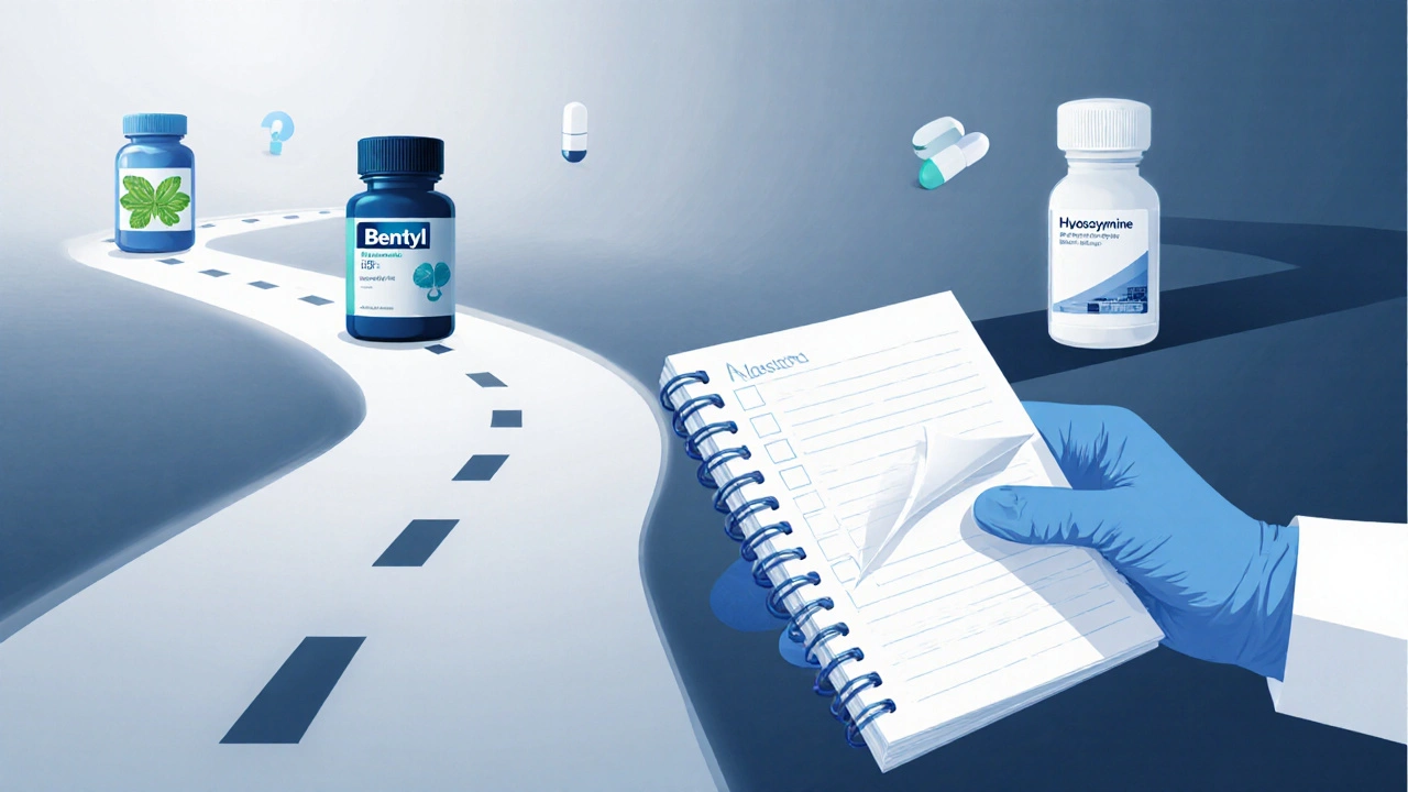 Forked path with pill silhouettes and a doctor&#039;s hand holding a symptom diary.