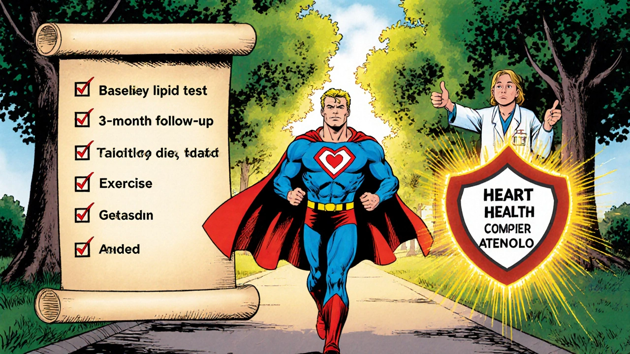 Heroic patient running with a heart‑health checklist in a vintage comic style.