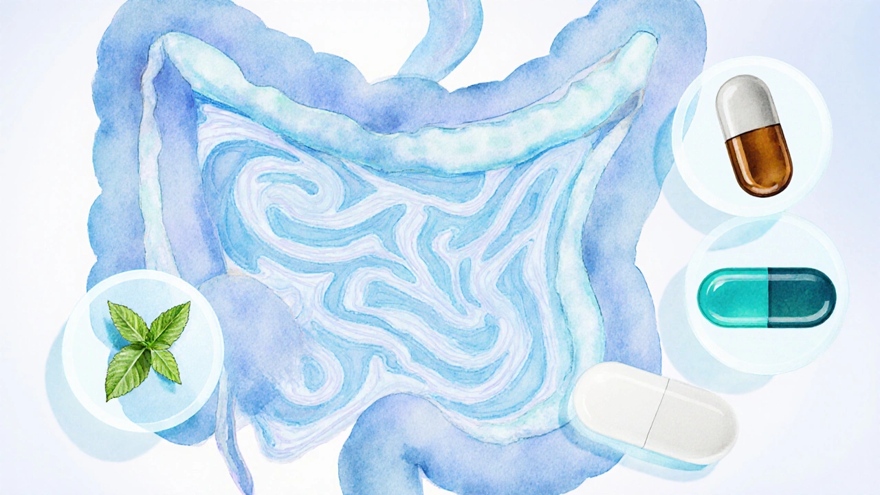 Illustrated gut cross‑section with smooth muscle relaxed and medication icons around it.