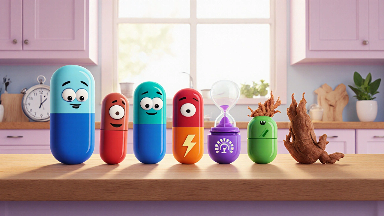 Lineup of cartoon medication characters showing different pills and supplements on a table.