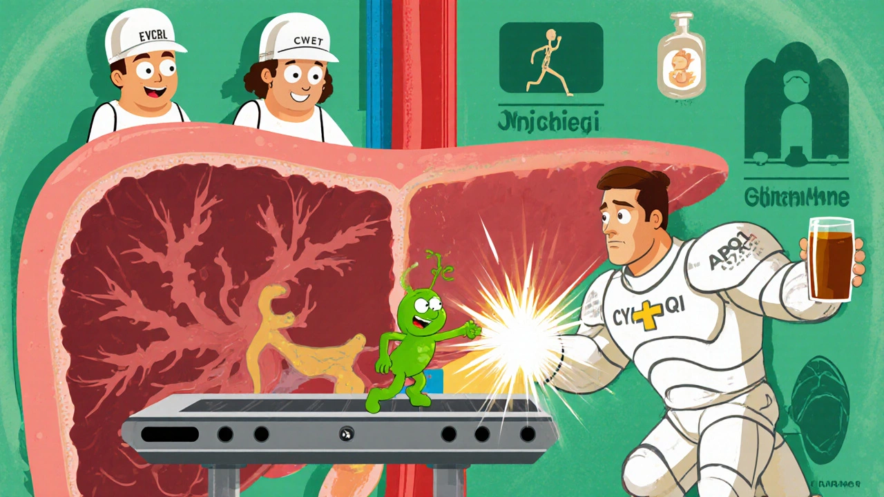 Liver factory scene with enzymes, a green poison sprite, and white hero glutathione neutralizing it.