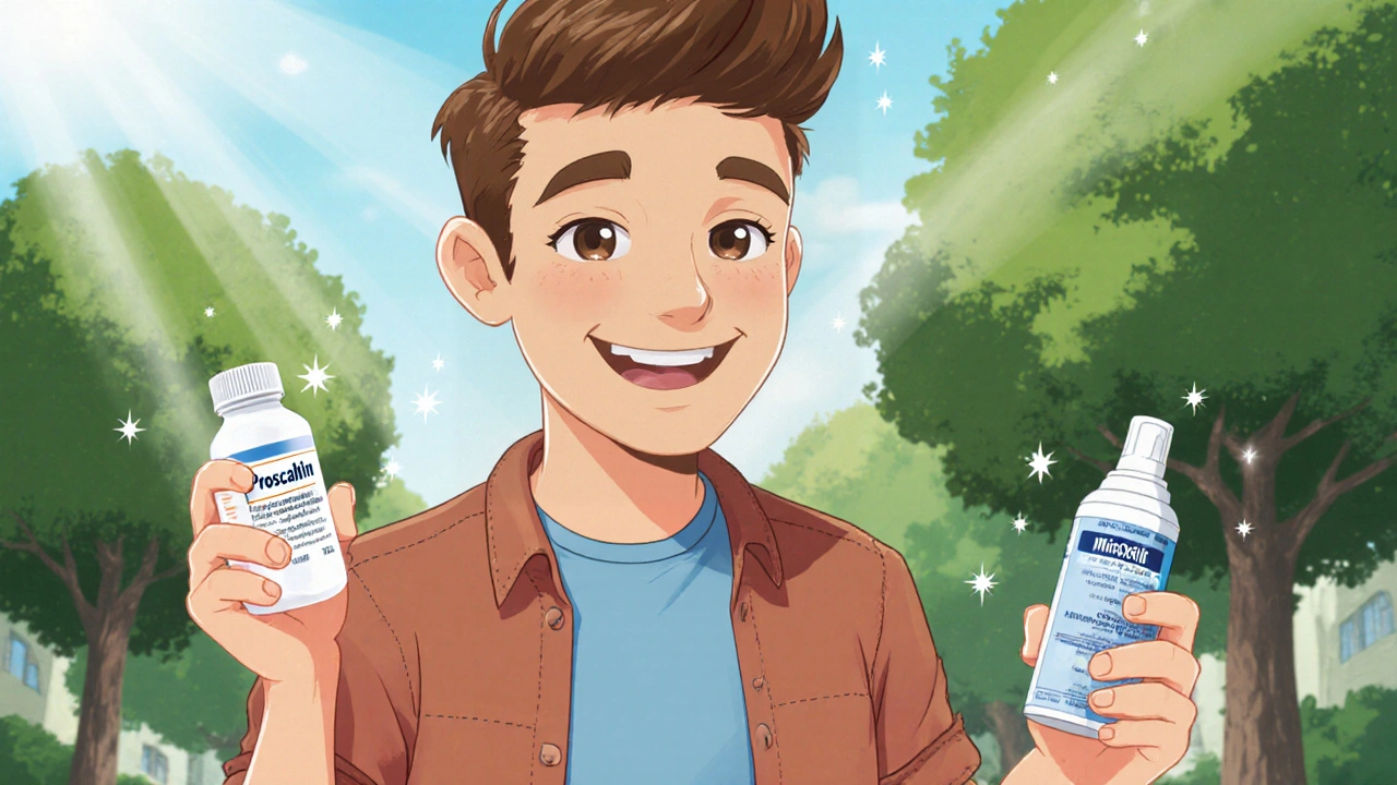 Man with thicker hair holding finasteride and minoxidil, smiling outdoors.