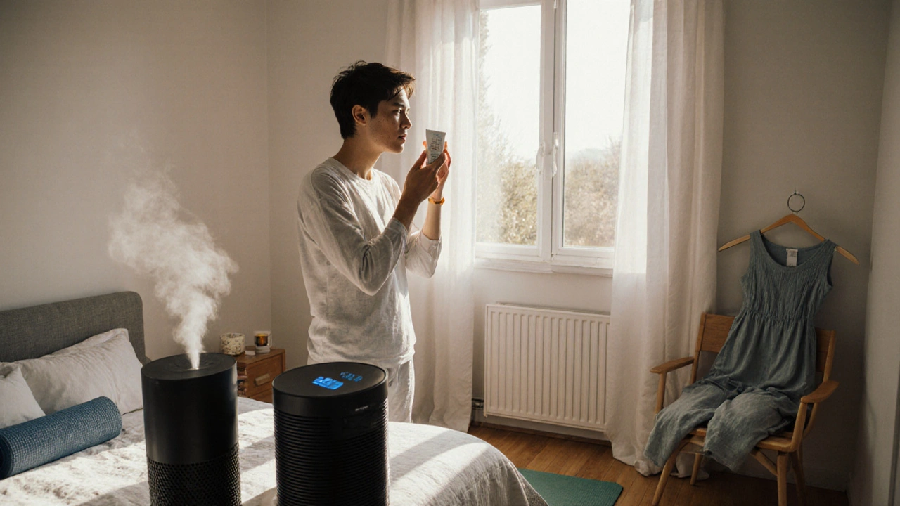 Morning bedroom scene showing sunscreen application, air purifier, humidifier, and meditation setup.