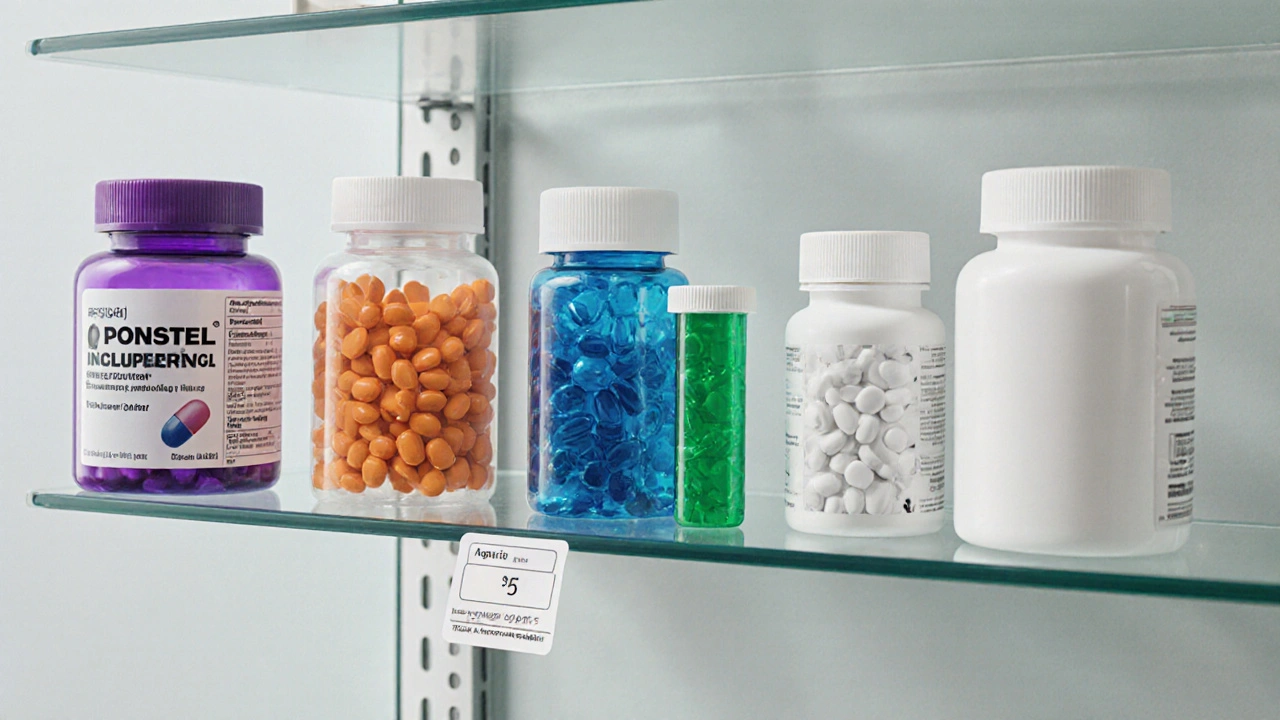 Overhead view of a pharmacy shelf displaying various NSAID bottles and gel tubes.
