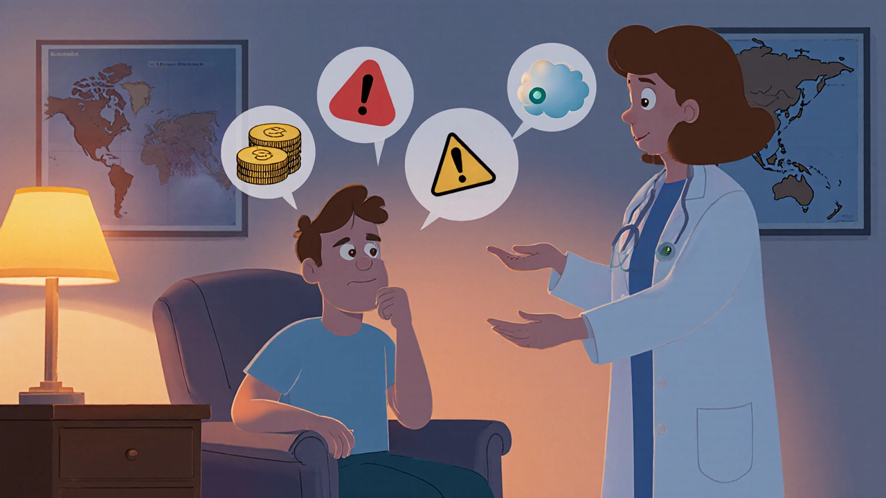 Patient and doctor discussing antibiotic choices with floating cost, allergy, and bacteria icons.