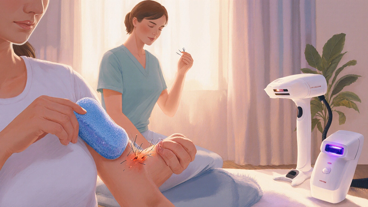 Patient receiving cool compress, stretching, and acupuncture for pain relief.