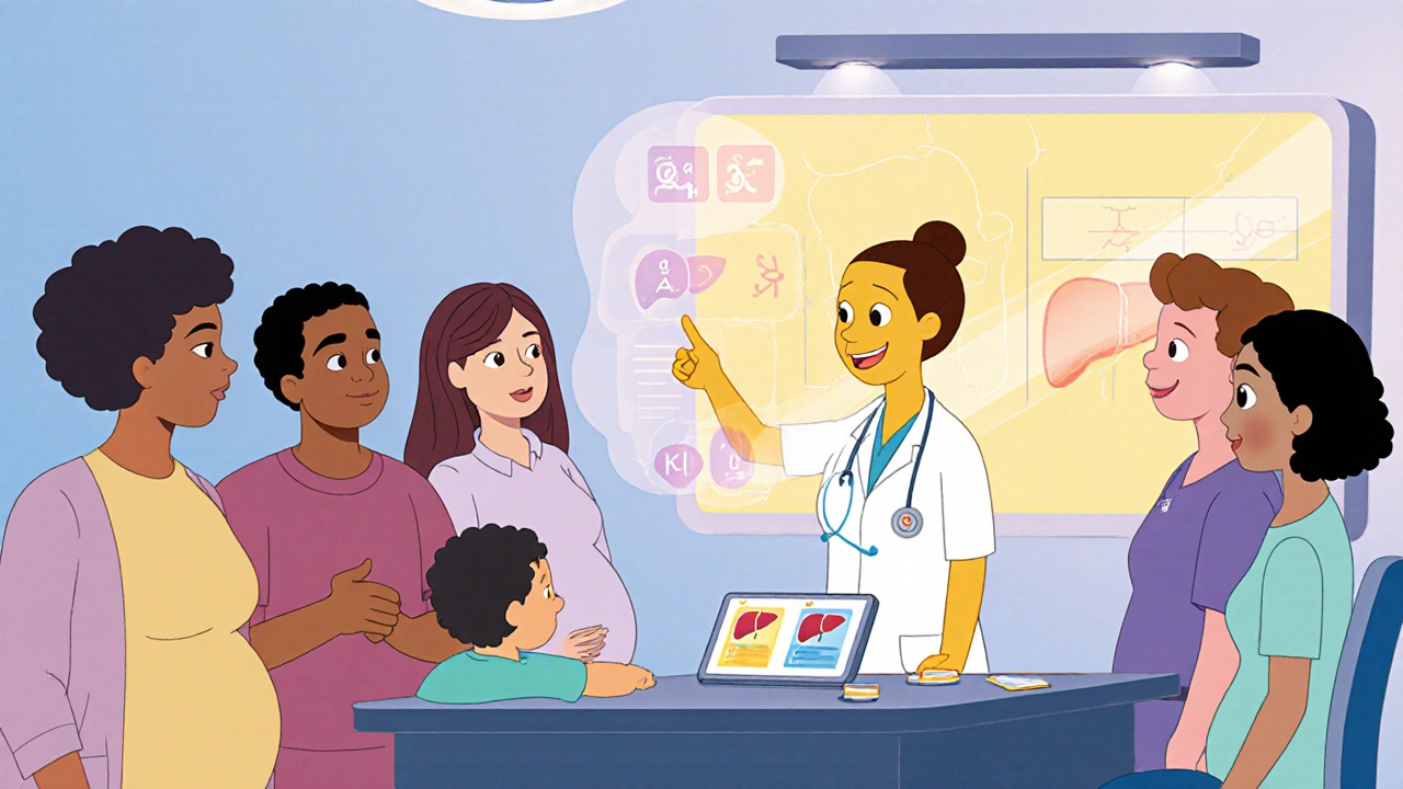 Patients receiving counseling about mild jaundice while nurse checks liver tests.