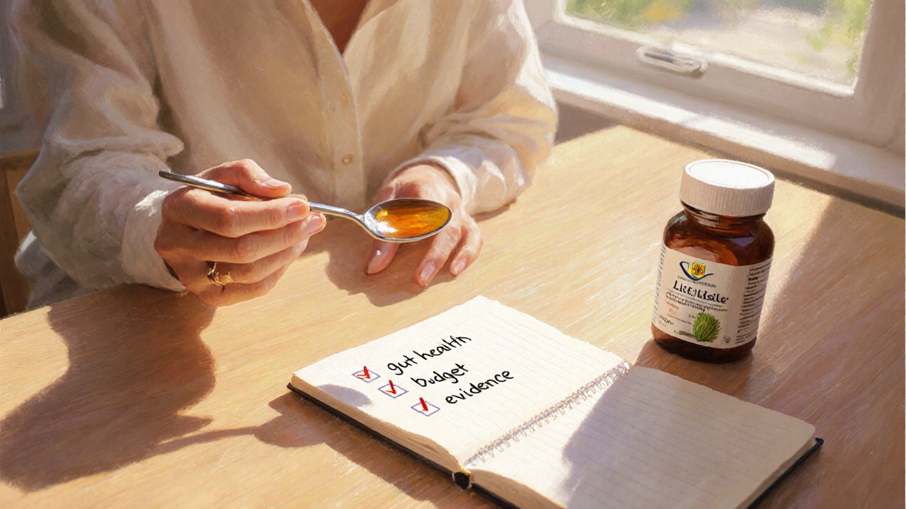 Person choosing between Liv.52 syrup and milk‑thistle capsules at a kitchen table.