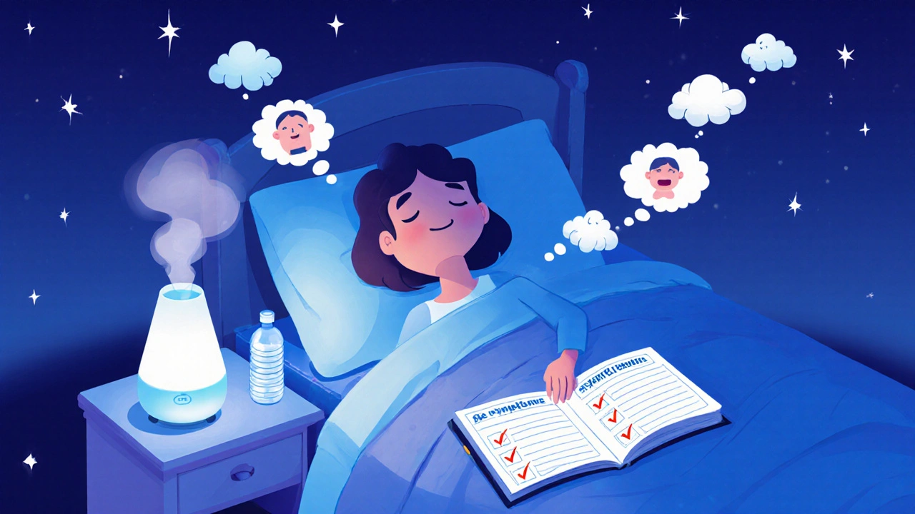 Person taking medication at night with humidifier and symptom journal in soft blue light.