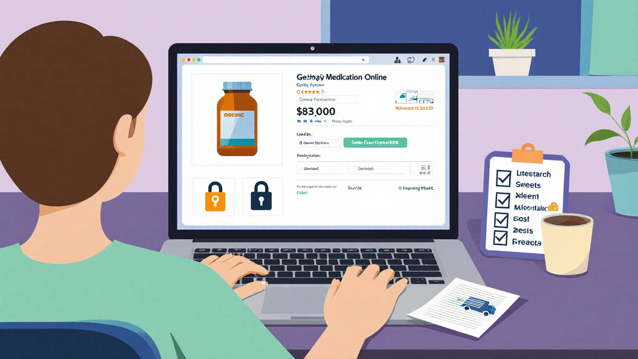 Person using a laptop to browse an online pharmacy product page with icons for price and secure checkout.