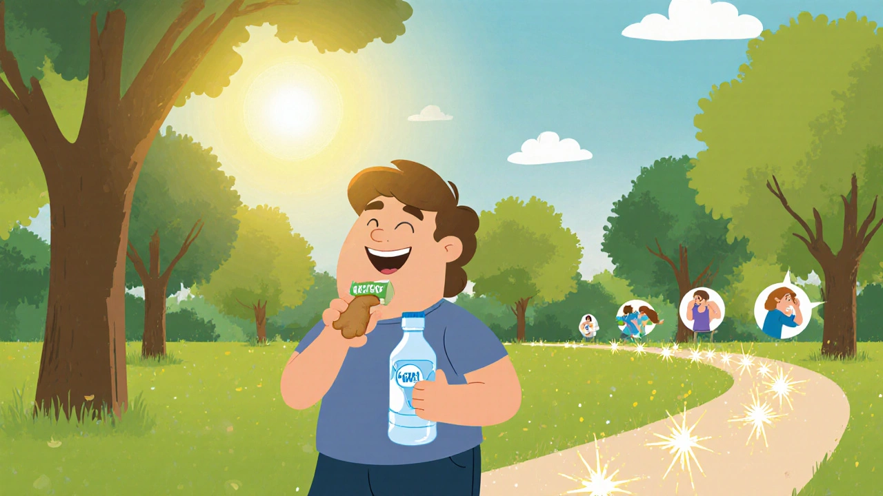 Person walking in park with water bottle and ginger gum, fatigue symbols fading behind.