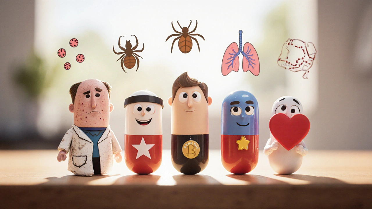 Personified antibiotic capsules with icons showing their specific uses.