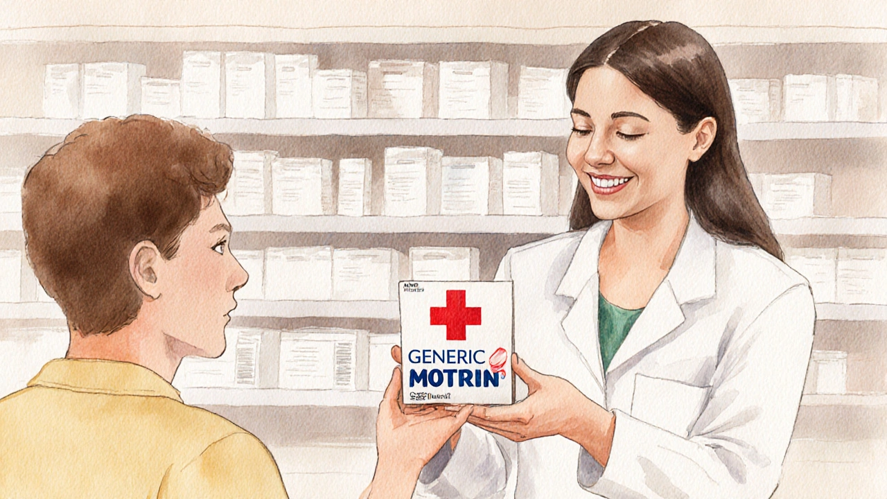 Pharmacist giving a cardboard box of generic Motrin tablets to a happy customer.