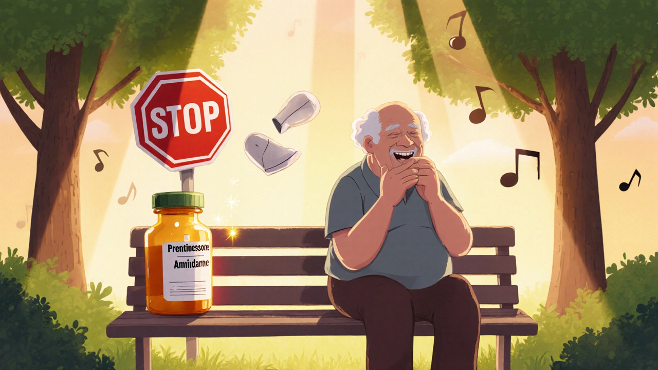 Recovered patient outdoors breathing easily, with stopped amiodarone pill and prednisone bottle nearby.