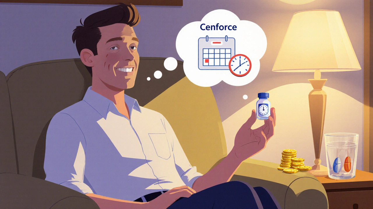 Relaxed man on a couch holding a Cenforce pill with a thought bubble of a calendar and coins.