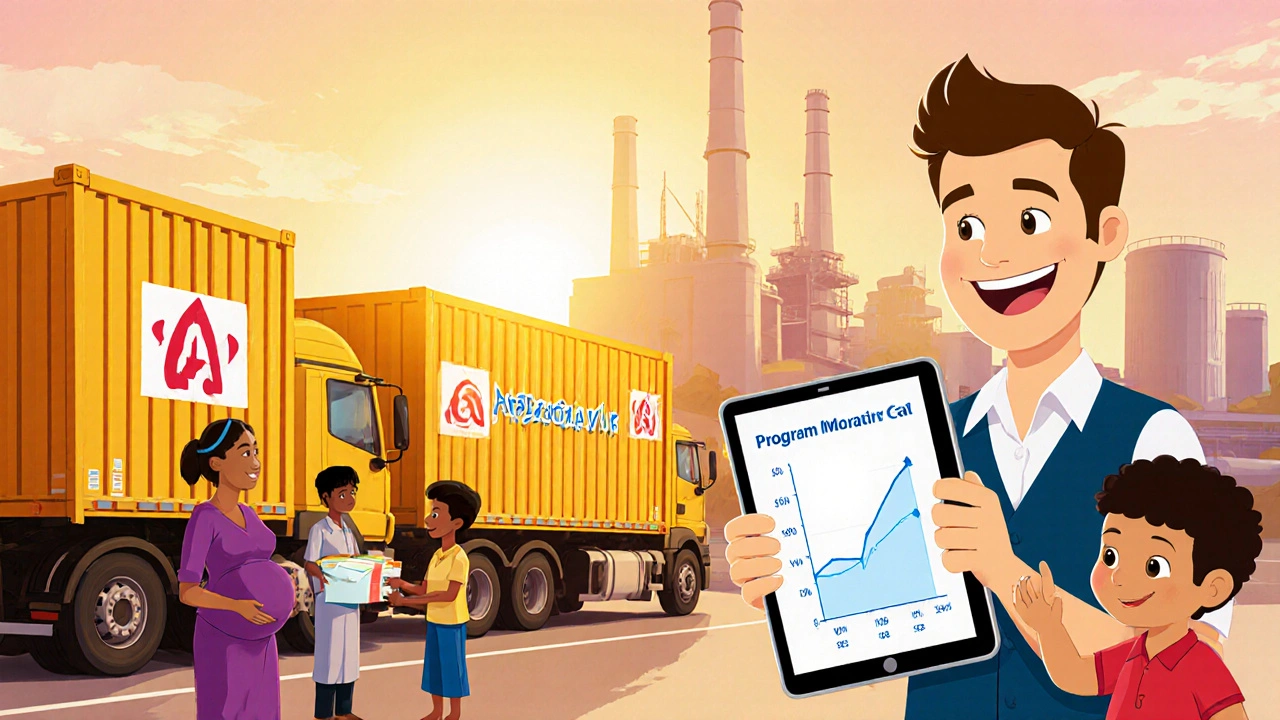 Supply chain scene with trucks, manufacturing plant, and program manager overseeing Atazanavir distribution.