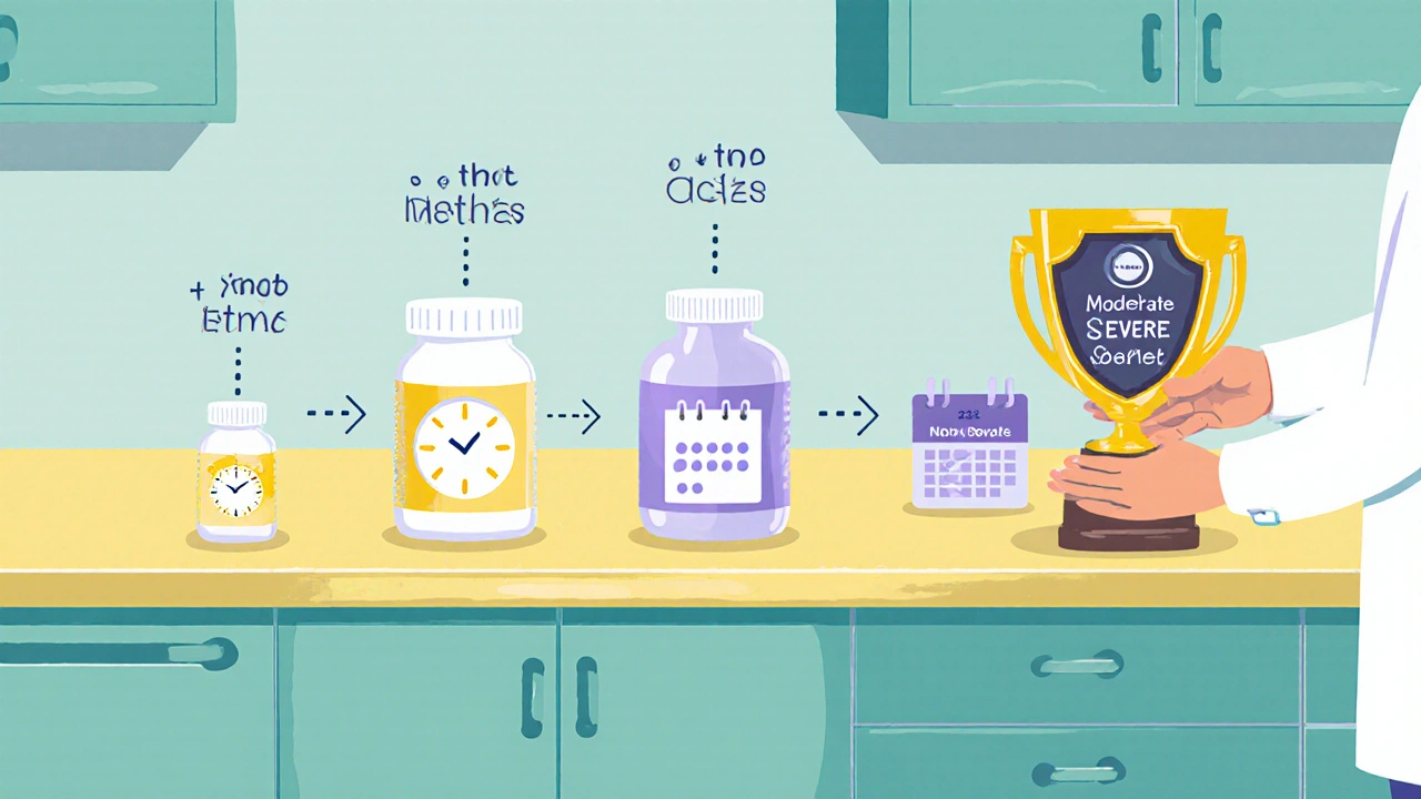 Three-step dosing timeline with 5mg, 10mg, and 23mg pills on a kitchen counter.