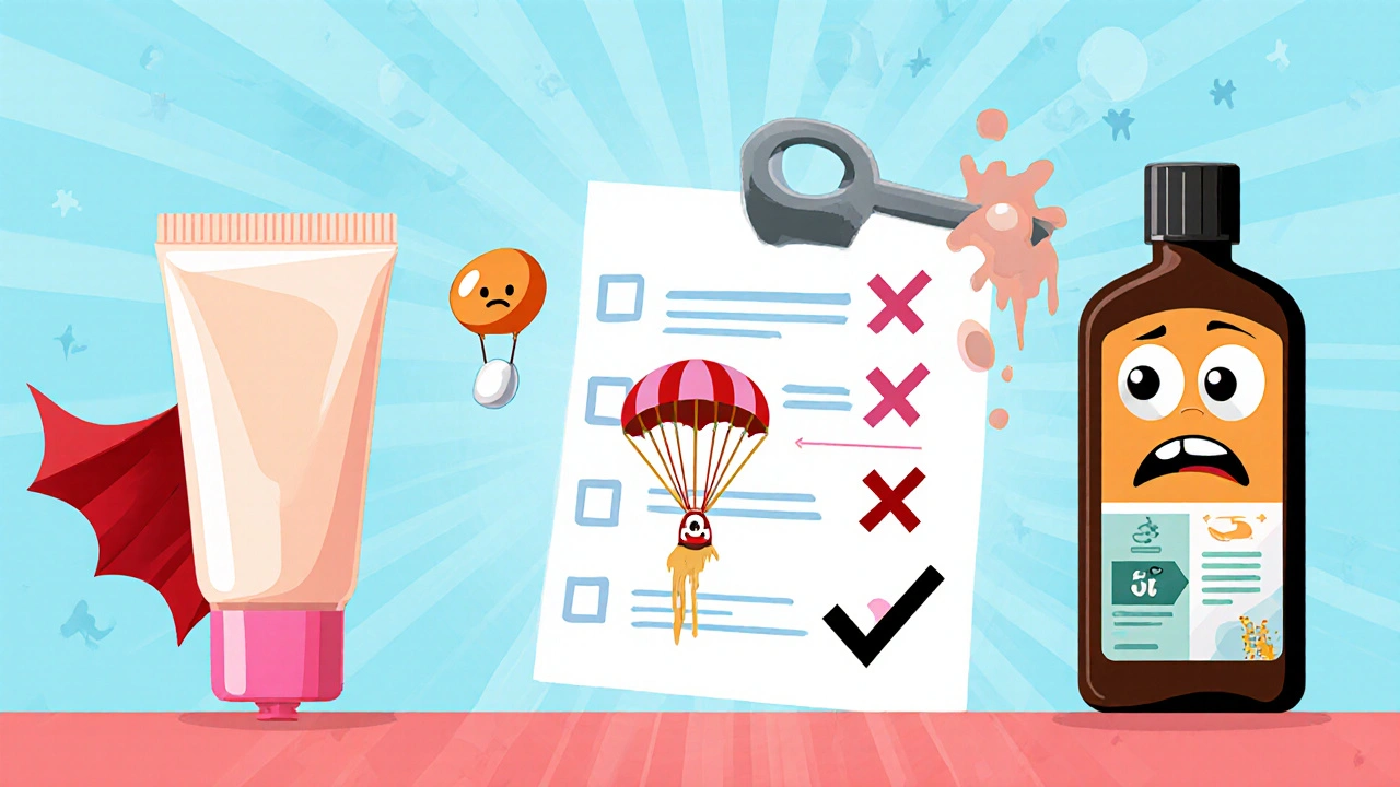 Three treatment options personified: permethrin cream as a superhero, ivermectin pill with a parachute, and a frowning Eurax bottle.