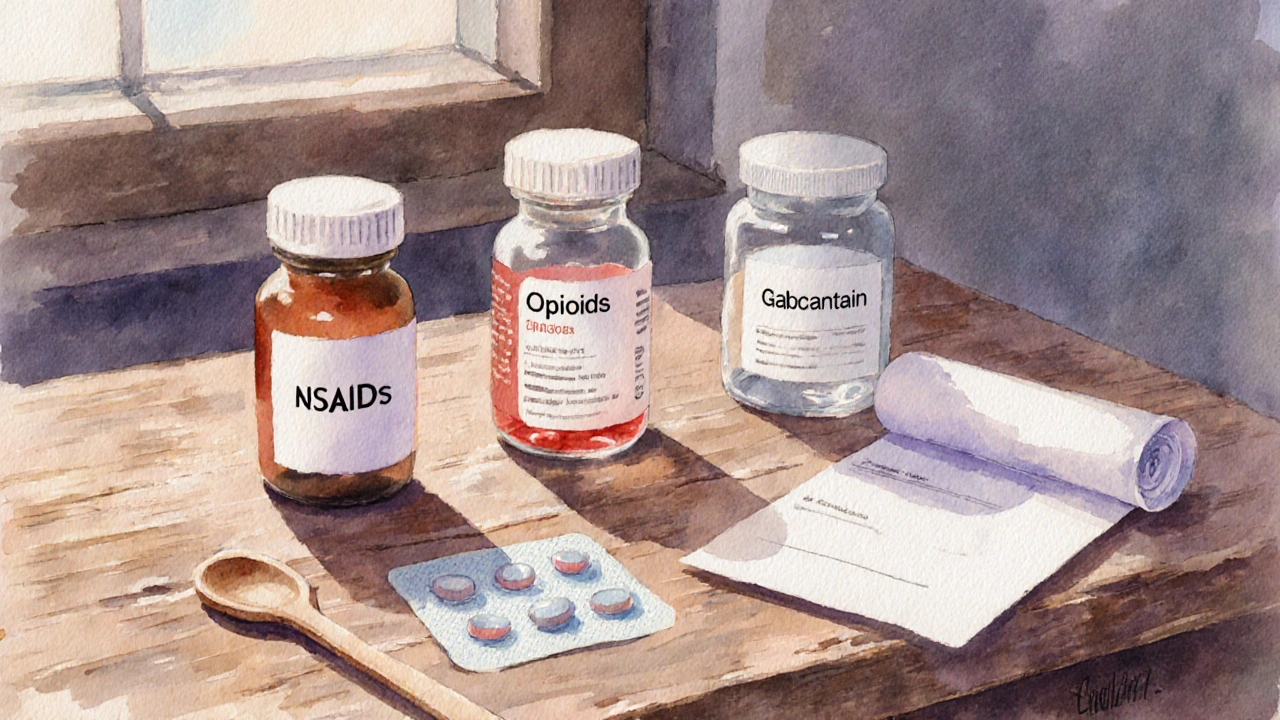 Watercolor display of pills, a patch, and a vial representing pain medicines.