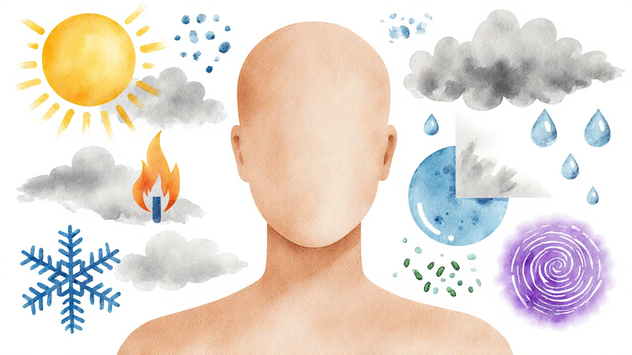 Watercolor of a person surrounded by icons for UV, pollution, humidity, temperature, allergens, stress, and microbes.