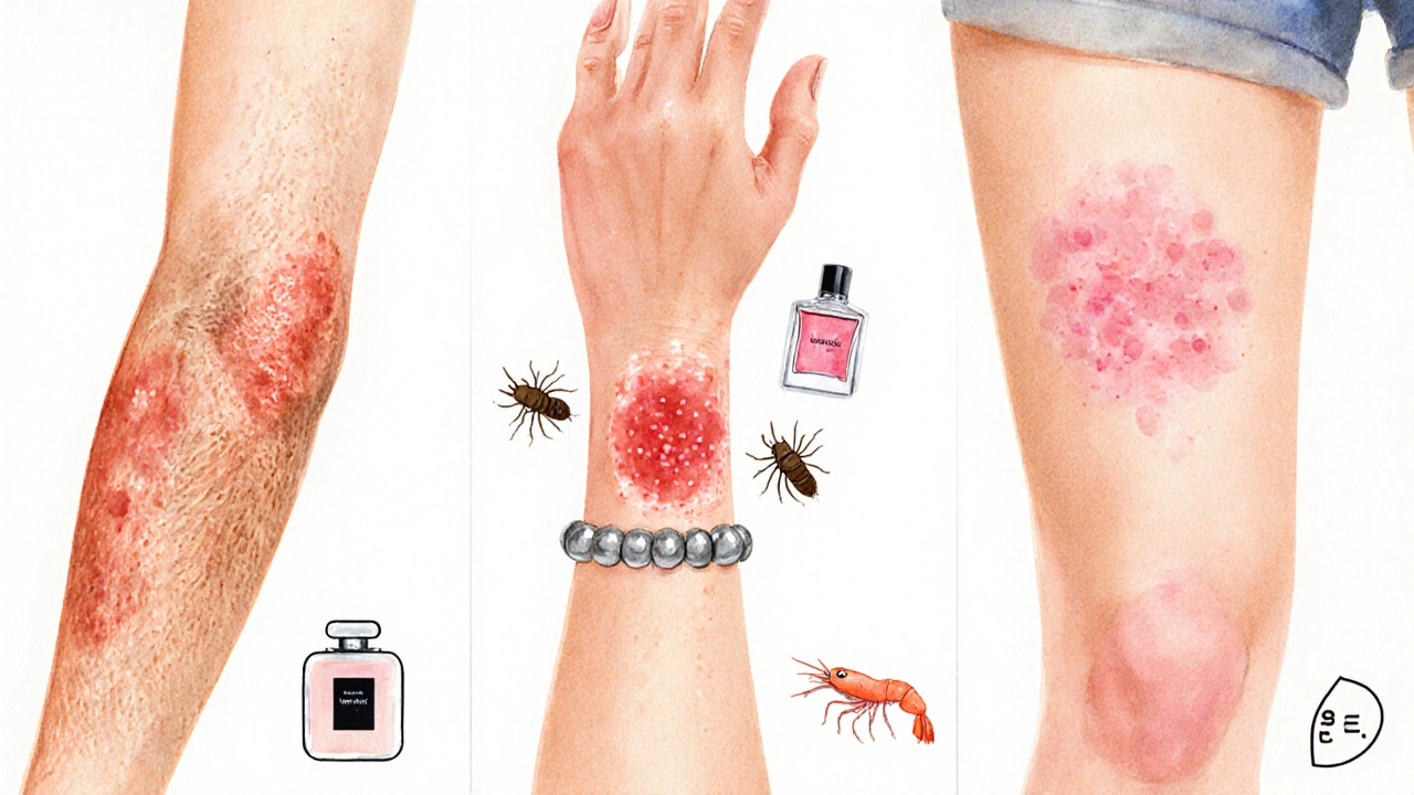 Watercolor split illustration of eczema, contact rash, and hives with trigger icons.