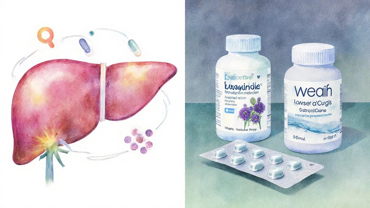 Watercolor split scene of a liver protected by antioxidants and various liver supplement bottles.