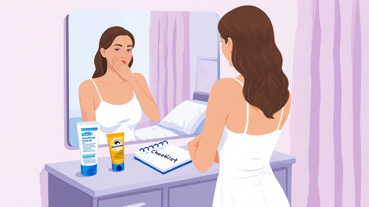 Woman admiring smooth skin post‑laser treatment, with after‑care items nearby.