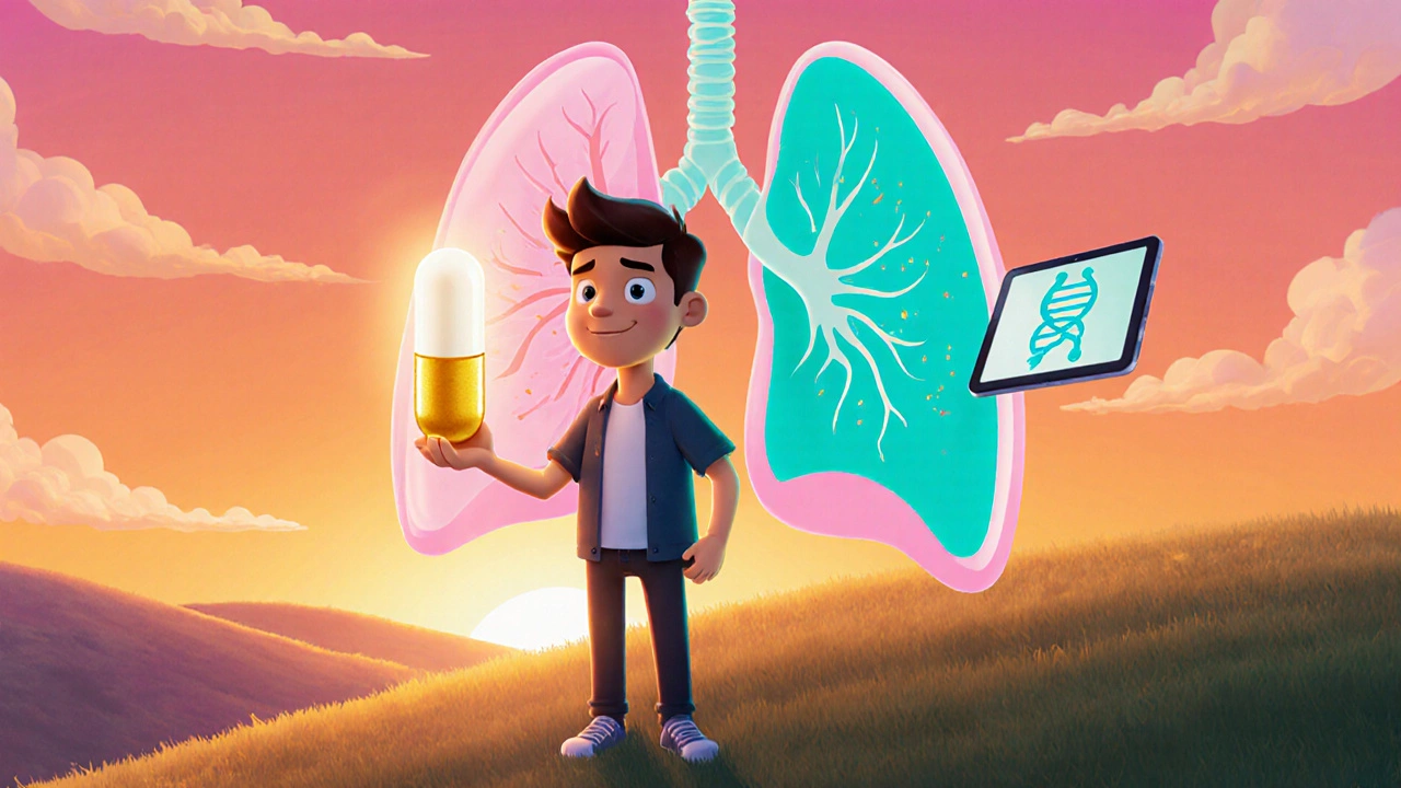 Young adult with CF holds glowing itraconazole capsule, lungs clear, sunrise background.
