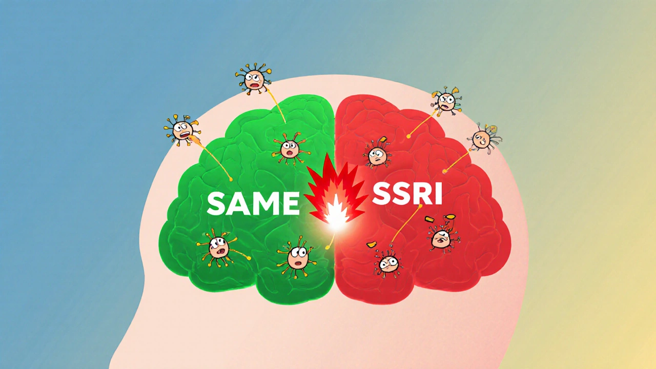 A cartoon brain with two pathways producing serotonin, showing a dangerous red overload signal flashing in the center.