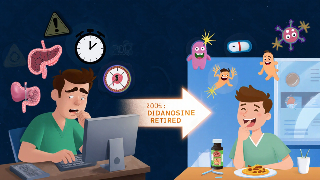 A cartoon timeline shows outdated HIV treatment on the left and modern PEP on the right with cheerful medical icons.