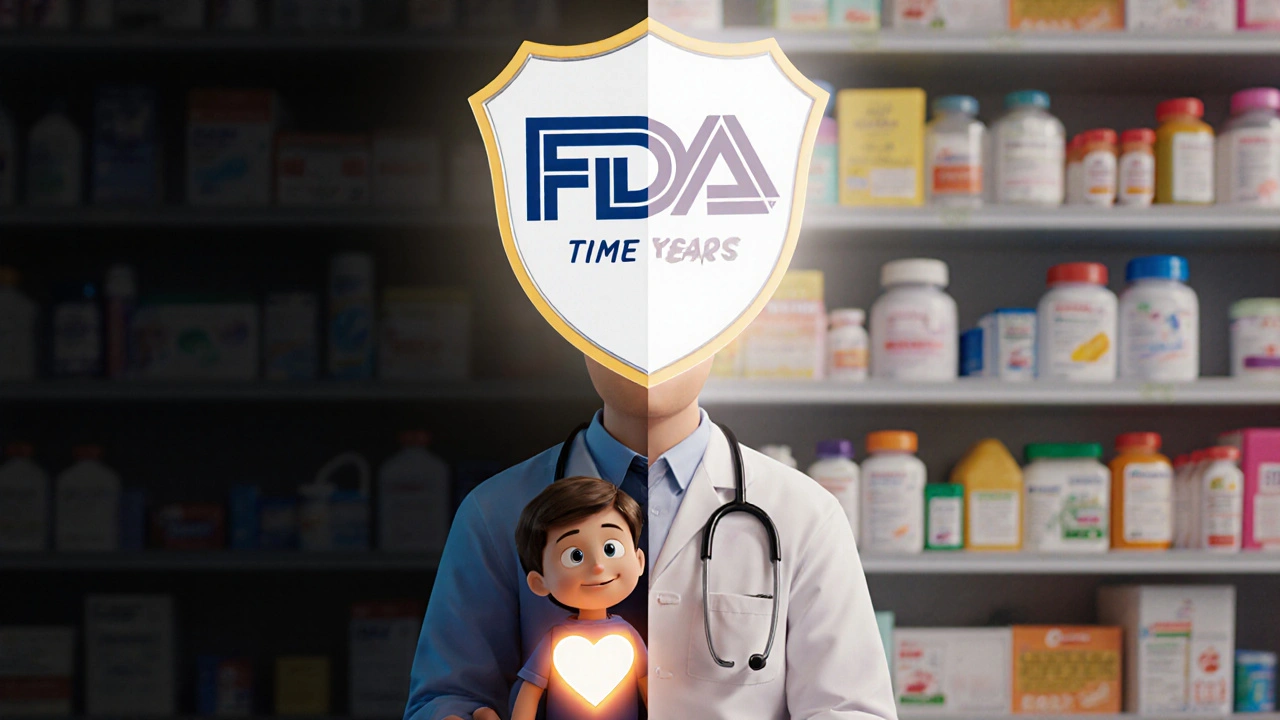 A child sits with a doctor under a protective FDA shield, showing the difference between no drug and available treatment.