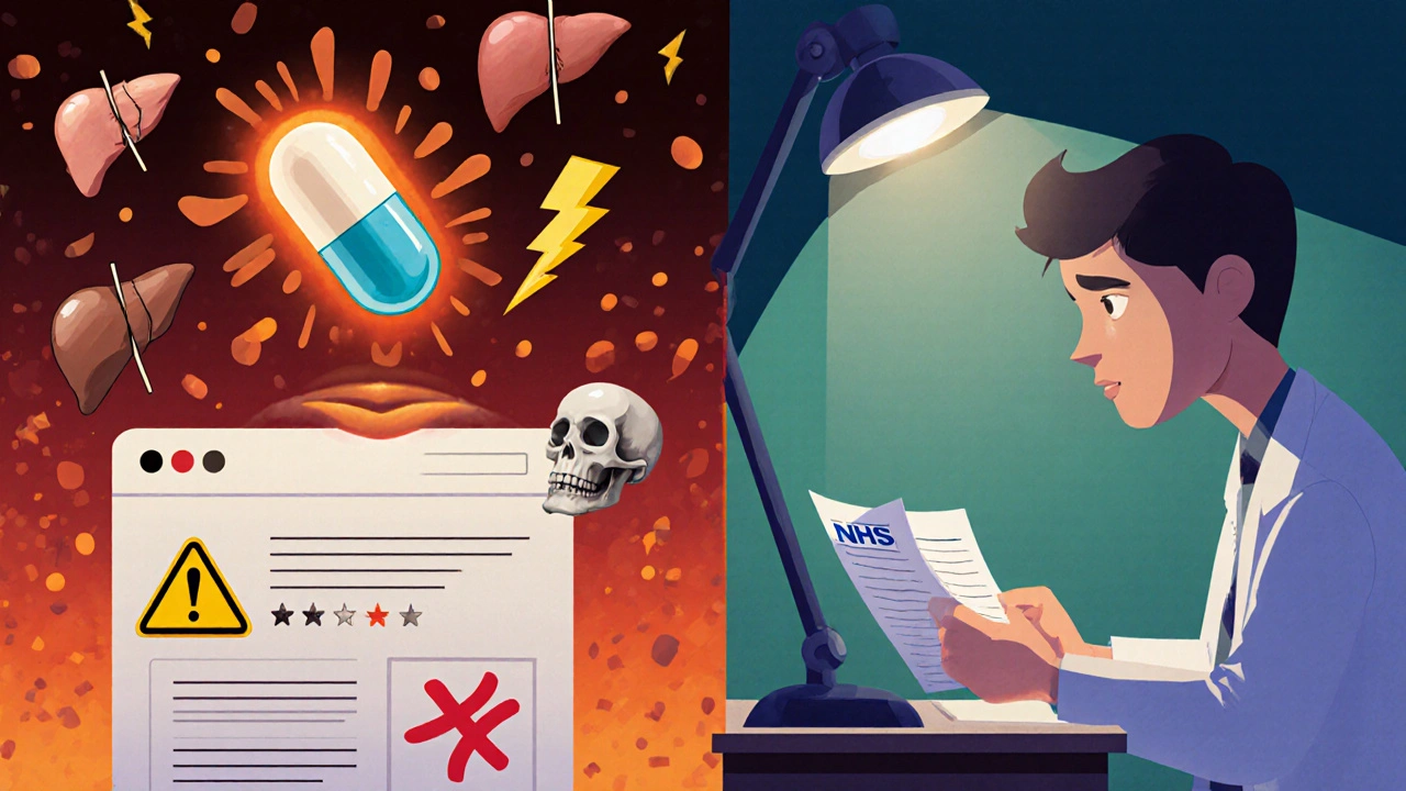 A dangerous fake pill floats with warning symbols while a person safely consults a doctor.
